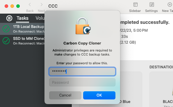 Administrator privileges are required to make changes to CCC backup tasks. Enter your password to allow this. 