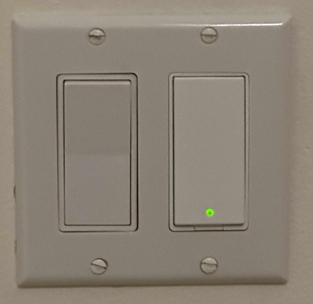 Duplex decora-style light switch. One manual switch and one smart switch. 