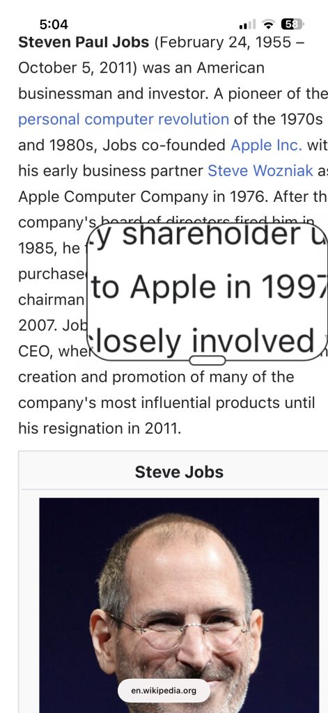 Wikipedia page on Steve Jobs with region of magnified text. 